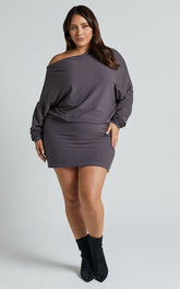Fermina Mini Dress - Long Sleeve Bodycon Dress in Charcoal Rib